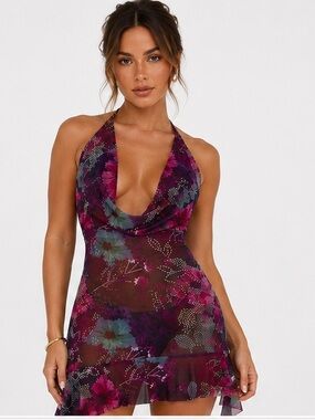 NWT Luxe Fashion Floral Mesh Halter Mini Dress Size Large Purple